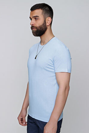 Ts 823 Slim Fit Bisiklet Yaka Düz Pamuklu Mavi Tişört