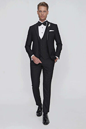 Black 063 Slim Fit Yelekli Çıkarılabilir Saten Yaka Siyah Damatlık Smokin Takım