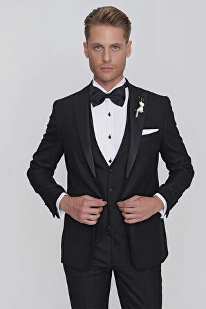 Black 063 Slim Fit Yelekli Çıkarılabilir Saten Yaka Siyah Damatlık Smokin Takım