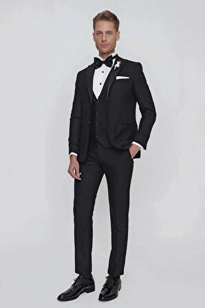 Black 063 Slim Fit Yelekli Çıkarılabilir Saten Yaka Siyah Damatlık Smokin Takım
