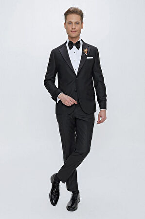 Black 066 Slim Fit Çıkarılabilir Saten Yaka Siyah Damatlık Smokin Takım