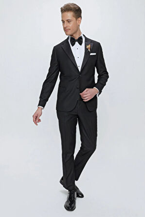 Black 066 Slim Fit Çıkarılabilir Saten Yaka Siyah Damatlık Smokin Takım