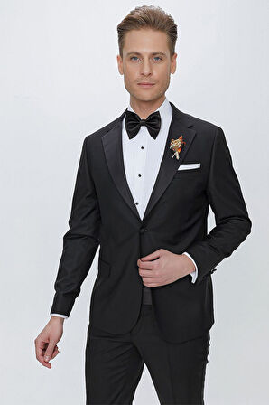 Black 066 Slim Fit Çıkarılabilir Saten Yaka Siyah Damatlık Smokin Takım