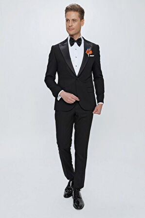 Black 065 Slim Fit Çıkarılabilir Saten Yaka Siyah Damatlık Smokin Takım