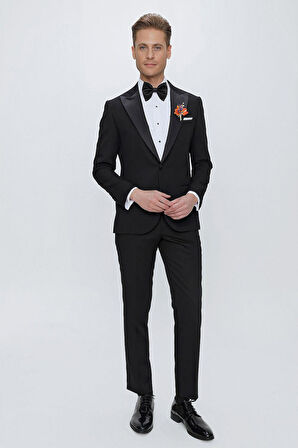 Black 065 Slim Fit Çıkarılabilir Saten Yaka Siyah Damatlık Smokin Takım