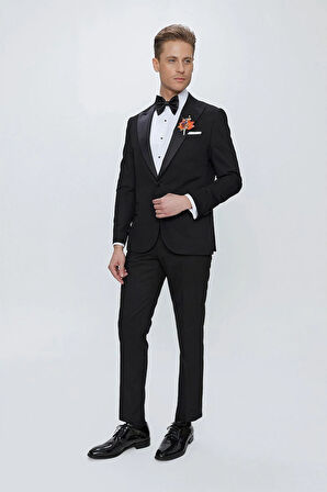 Black 065 Slim Fit Çıkarılabilir Saten Yaka Siyah Damatlık Smokin Takım