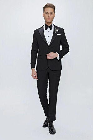 Black 067 Slim Fit Çıkma Saten Yaka Siyah Damatlık Smokin Takım