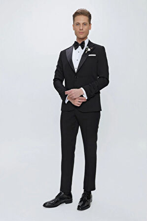 Black 067 Slim Fit Çıkma Saten Yaka Siyah Damatlık Smokin Takım