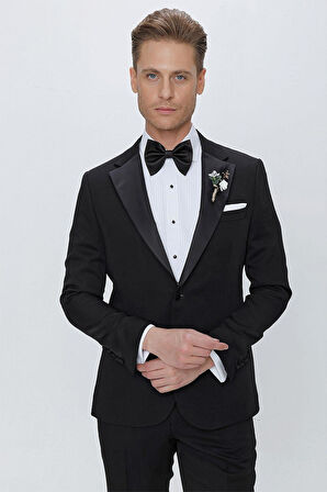 Black 067 Slim Fit Çıkma Saten Yaka Siyah Damatlık Smokin Takım