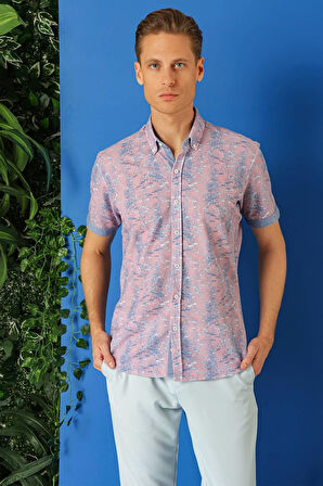 G 1499 Slim Fit Düğmeli Yaka Desenli Kısa Kol Pamuk Lila Gömlek