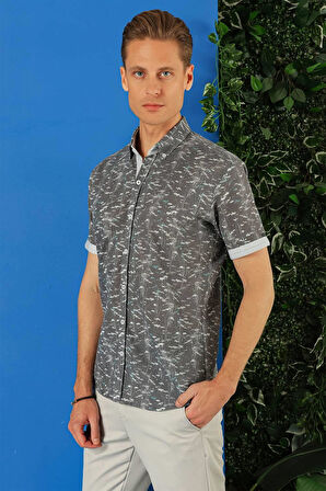 G 1499 Slim Fit Düğmeli Yaka Desenli Kısa Kol Pamuk Füme Gömlek