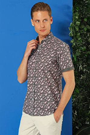 G 1504 Slim Fit Düğmeli Yaka Desenli Kısa Kol Pamuk Füme Gömlek