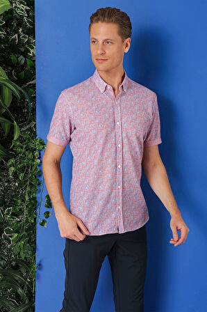 G 1504 Slim Fit Düğmeli Yaka Desenli Kısa Kol Pamuk Eflatun Gömlek