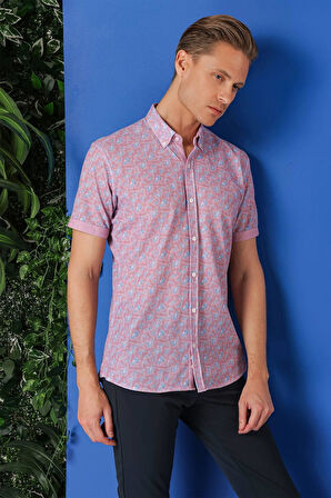 G 1504 Slim Fit Düğmeli Yaka Desenli Kısa Kol Pamuk Eflatun Gömlek