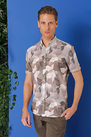 G 1500 Slim Fit Düğmeli Yaka Kamuflaj Desenli Kısa Kol Pamuk Bej Gömlek
