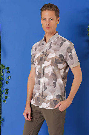 G 1500 Slim Fit Düğmeli Yaka Kamuflaj Desenli Kısa Kol Pamuk Bej Gömlek