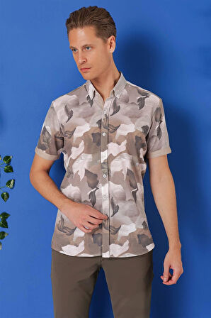 G 1500 Slim Fit Düğmeli Yaka Kamuflaj Desenli Kısa Kol Pamuk Bej Gömlek