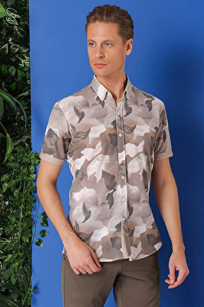 G 1500 Slim Fit Düğmeli Yaka Kamuflaj Desenli Kısa Kol Pamuk Bej Gömlek