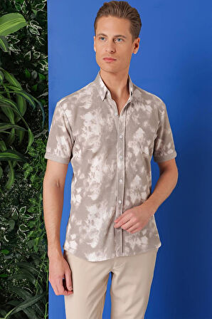 G 1502 Slim Fit Düğmeli Yaka Batik Desenli Kısa Kol Pamuk Bej Gömlek