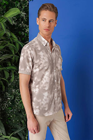 G 1502 Slim Fit Düğmeli Yaka Batik Desenli Kısa Kol Pamuk Bej Gömlek