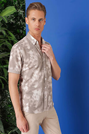 G 1502 Slim Fit Düğmeli Yaka Batik Desenli Kısa Kol Pamuk Bej Gömlek