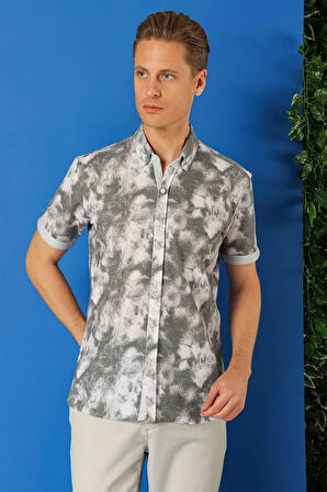 G 1502 Slim Fit Düğmeli Yaka Batik Desenli Kısa Kol Pamuk Gri Gömlek