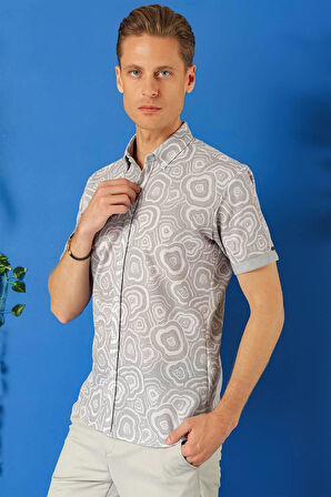 G 1503 Slim Fit Düğmeli Yaka Desenli Kısa Kol Pamuk Gri Gömlek