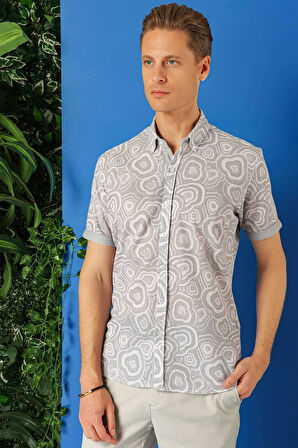 G 1503 Slim Fit Düğmeli Yaka Desenli Kısa Kol Pamuk Gri Gömlek