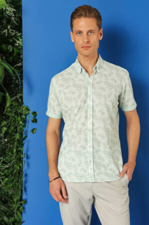 G 1501 Slim Fit Düğmeli Yaka Şal Desenli Kısa Kol Pamuk Nil Yeşili Gömlek