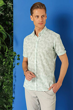 G 1501 Slim Fit Düğmeli Yaka Şal Desenli Kısa Kol Pamuk Nil Yeşili Gömlek