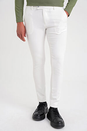 P 1088 Slim Fit Yan Cep Esnek Pamuklu Casual Beyaz Pantolon