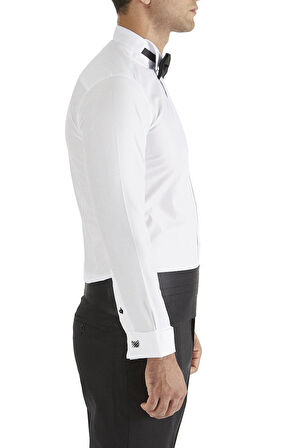 Gk 362 Slim Fit Duble Manşet Gizli Düğme Ata Yaka Beyaz Damatlık Smokin Gömlek 