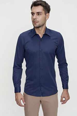 Gk 624 Slim Fit Pamuk Saten Klasik Lacivert Gömlek 