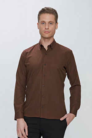 GK 664 Slim Fit Kahve Klasik Gömlek