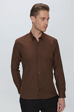 GK 664 Slim Fit Kahve Klasik Gömlek