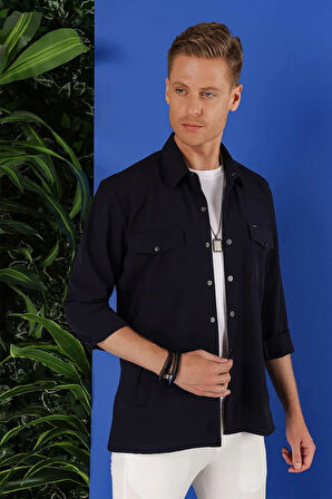 G 1534 Slim Fit Lacivert Klasik Gömlek