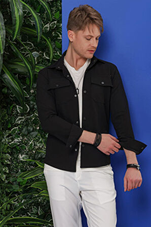 G 1550 Comfort Fit Kapaklı Cep Çıtçıtlı Esnek Pamuk Siyah Gömlek Ceket