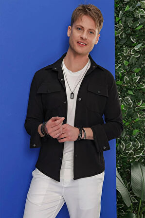 G 1550 Comfort Fit Kapaklı Cep Çıtçıtlı Esnek Pamuk Siyah Gömlek Ceket