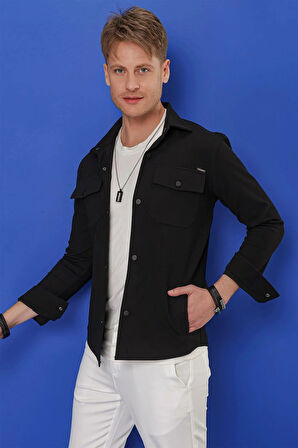 G 1550 Comfort Fit Kapaklı Cep Çıtçıtlı Esnek Pamuk Siyah Gömlek Ceket