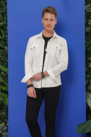 G 1550 Comfort Fit Kapaklı Cep Çıtçıtlı Esnek Pamuk Beyaz Gömlek Ceket