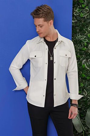 G 1550 Comfort Fit Kapaklı Cep Çıtçıtlı Esnek Pamuk Beyaz Gömlek Ceket