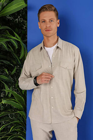 G 1552 Slim Fit Bej Klasik Gömlek