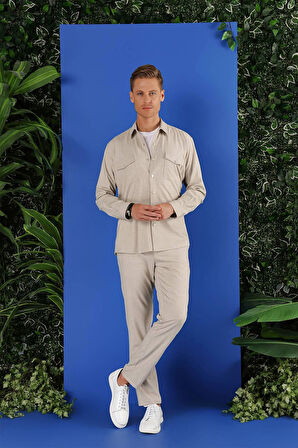 G 1552 Slim Fit Bej Klasik Gömlek