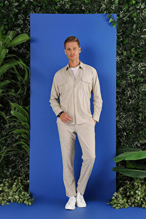 G 1552 Slim Fit Bej Klasik Gömlek