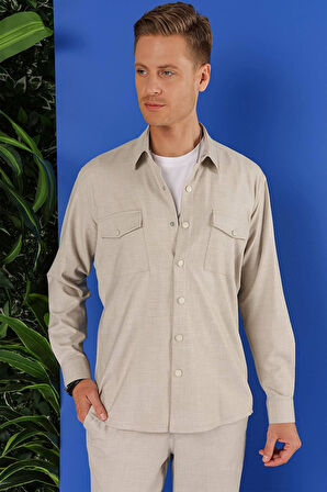 G 1552 Slim Fit Bej Klasik Gömlek