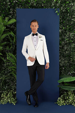 Black 034 Slim Fit Saten Yaka Çift Yırtmaçlı Damatlık Ekru Smokin Ceket