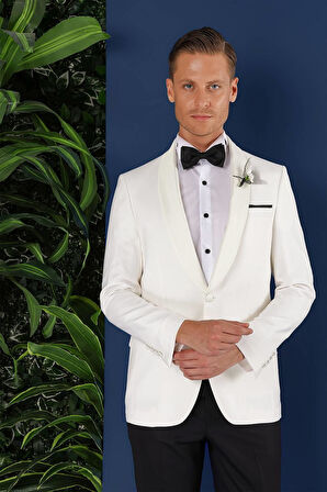 Black 034 Slim Fit Saten Yaka Çift Yırtmaçlı Damatlık Ekru Smokin Ceket