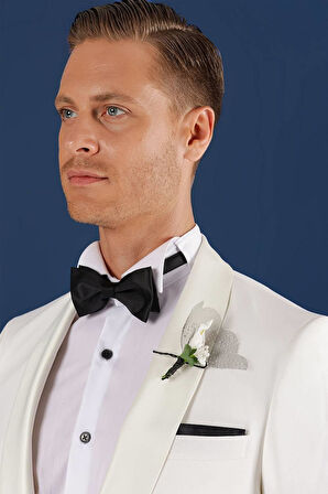 Black 034 Slim Fit Saten Yaka Çift Yırtmaçlı Damatlık Ekru Smokin Ceket