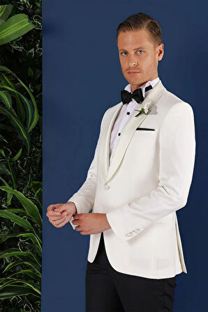 Black 034 Slim Fit Saten Yaka Çift Yırtmaçlı Damatlık Ekru Smokin Ceket