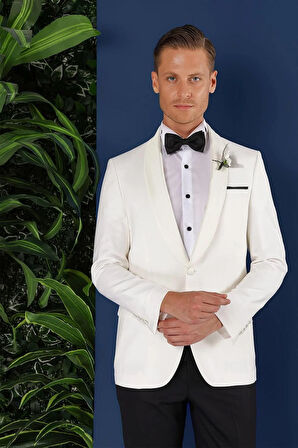Black 034 Slim Fit Saten Yaka Çift Yırtmaçlı Damatlık Ekru Smokin Ceket